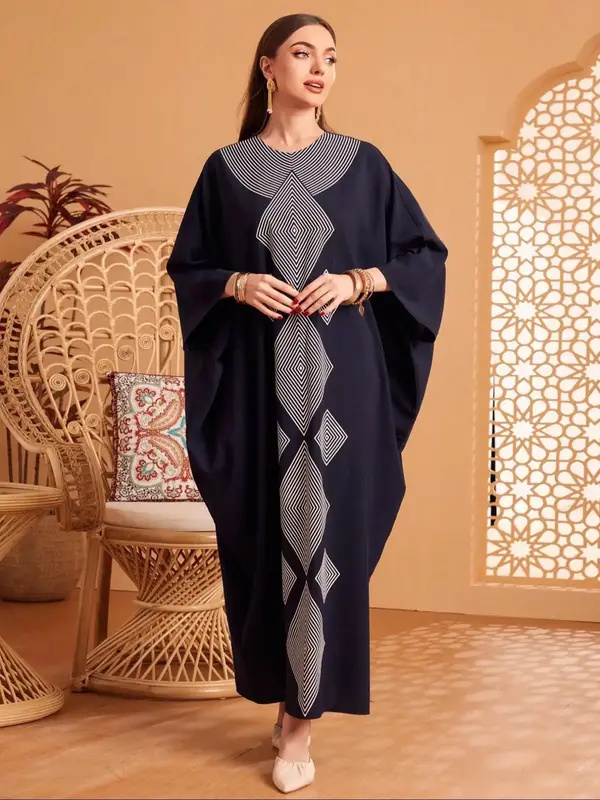 Women's Geometric Print Long Sleeve Abaya, Modest Casual Open Front Kaftan Maxi Muslim Dress for Daily Wear, Ladies Islamic C...