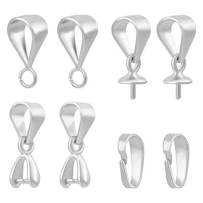 8Pcs 4 Style Rhodium Plated 925 Sterling Silver Ice Pick Pinch Bails & Snap on Bails & Tube Bails