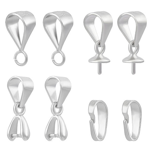 8Pcs 4 Style Rhodium Plated 925 Sterling Silver Ice Pick Pinch Bails & Snap on Bails & Tube Bails