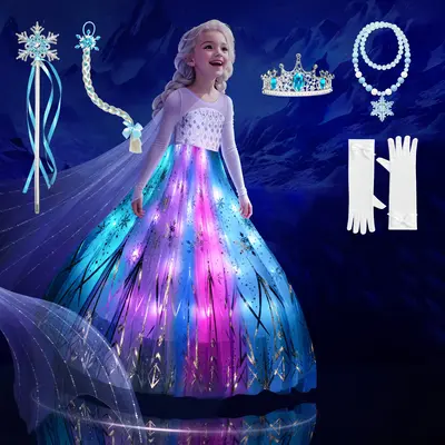 UPORPOR White Light-Up Ice Princess Dress for Girls – 100+ LED Modes, Music Sync, Winter Costume with Accessories (Ages 3-9...