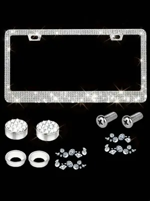 Rhinestone Automotive License Plate Frame with Screws & Bolts Cap, Vehicle License Plate Holder, Universal Car Exterior Acces...