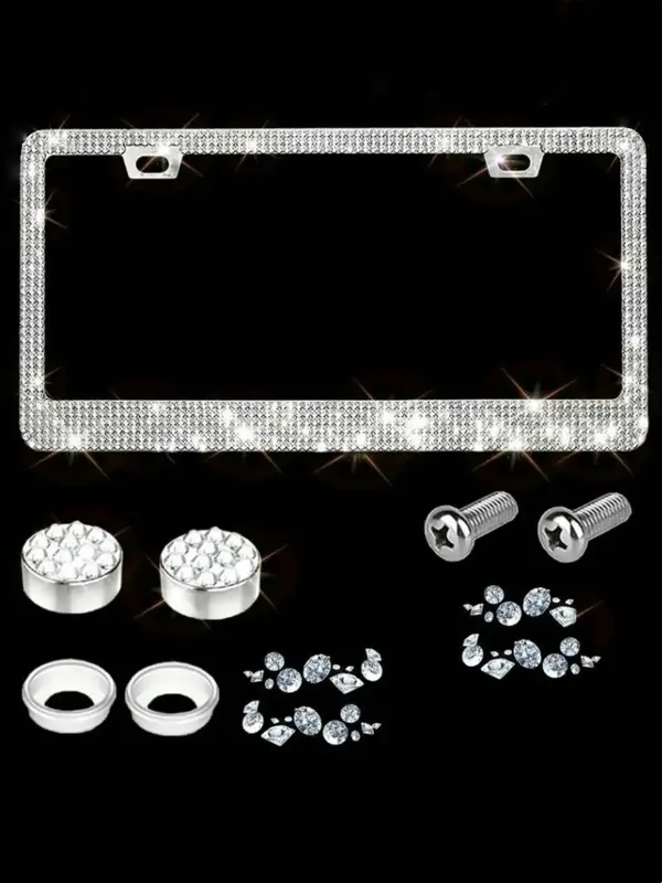 Rhinestone Automotive License Plate Frame with Screws & Bolts Cap, Vehicle License Plate Holder, Universal Car Exterior Acces...