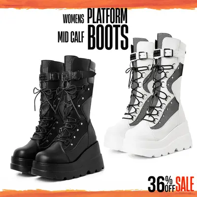 CYNLLIO Womens Platform Mid Calf Boots Chunky High Heel Rave Outfit Wedge Boots Goth Zipper Closure Lace Up Combat Round Toe ...