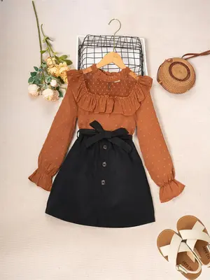 Two-Piece Set Girl's Contrast Lace Flounce Sleeve Ruffle Blouse & Belted Button A-line Skirt, Elegant Fashion Casual Outfit...