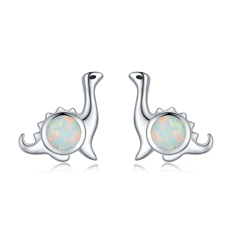 Sterling Silver Circular Shaped Opal Dinosaur Stud Earrings