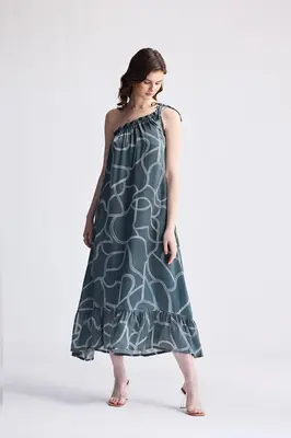 One Shoulder Maxi Dress in Abstract Stripes | Color: Twirls and twists | Size: 3XL