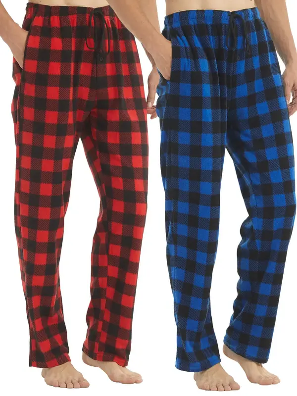 Men's Plaid Print Pocket Drawstring Waist Polar Fleece Lounge Pajama Pants, Heavyweight Casual Thicker Thermal Sleep Pants, M...