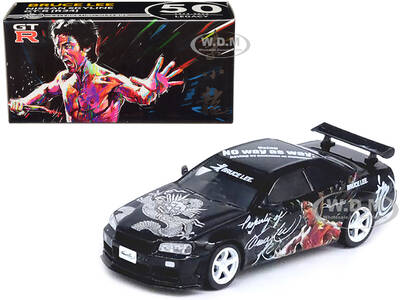 Nissan Skyline GT-R (R34) RHD (Right Hand Drive) Black Bruce Lee Legacy 50 Year Anniversary 1/64 Diecast Model Car by Inno Mo...
