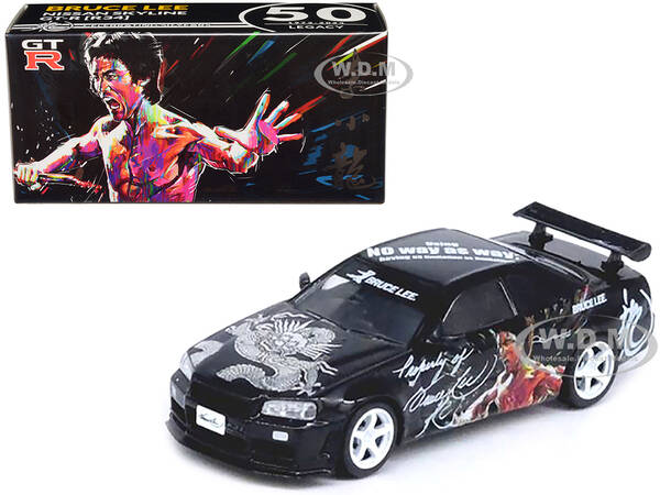 Nissan Skyline GT-R (R34) RHD (Right Hand Drive) Black Bruce Lee Legacy 50 Year Anniversary 1/64 Diecast Model Car by Inno Mo...