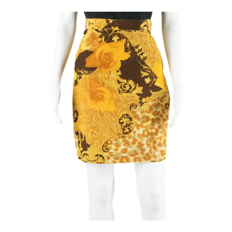 VANITY DONNER Short Pencil Skirt Gold 90s Floral Womens XS