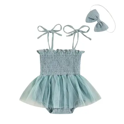 Infant Baby Girls Romper Dress Strap Tie-up Sleeveless Bodysuit Jumpsuit with Headband Newborn Girls Outfit Spring Summer Clo...