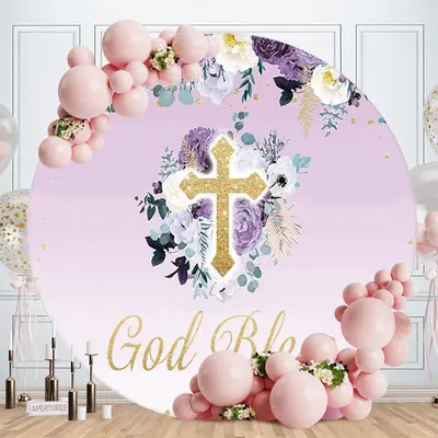 Aperturee God Bless Floral Round Purple Baby Shower Backdrop