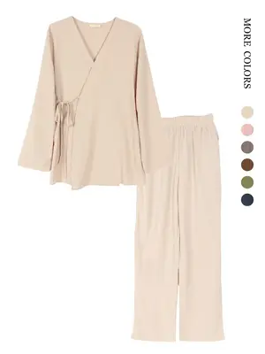 Women's Casual Loose-fitting Tie Front Top & Pants Outfit Set, Elegant Daily Wear with Pockets, Comfortable Long Sleeve