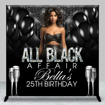 Aperturee Elegant Black Balloon Custom 25th Birthday Backdrop, 3X3FT(1X1M), 15 USD, custom birthday backdrops, DZDM1Y80-O
