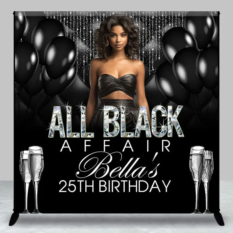 Aperturee Elegant Black Balloon Custom 25th Birthday Backdrop, 3X3FT(1X1M), 15 USD, custom birthday backdrops, DZDM1Y80-O