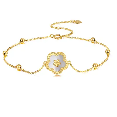 14K Gold Mother Of Pearl Daisy & Bead Charm Bracelet