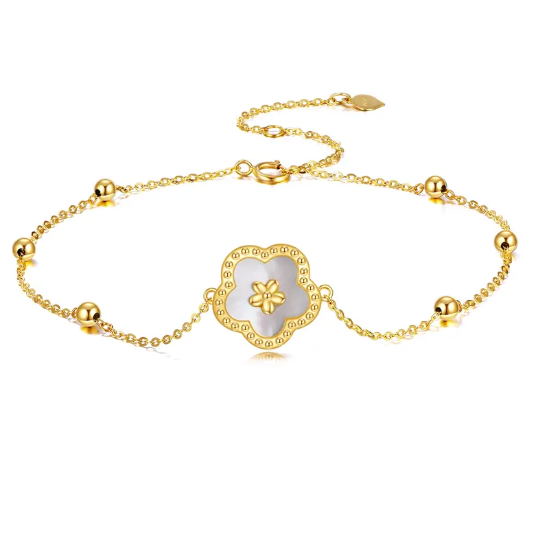 14K Gold Mother Of Pearl Daisy & Bead Charm Bracelet