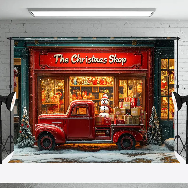 Christmas Boutique Red Gift Truck Snowman Backdrop - Aperturee