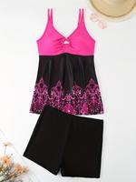 【Plus Size】All Over Print Tankini Set, Casual Sleeveless Swim Top & Swim Bottom Two-piece Swimsuit for Beach Holiday Vaca...