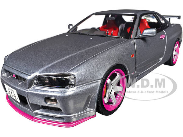 1999 Nissan Skyline GT-R (R34) RHD (Right Hand Drive) Silver Metallic with Purple Wheels 1/18 Diecast Model Car by Solido