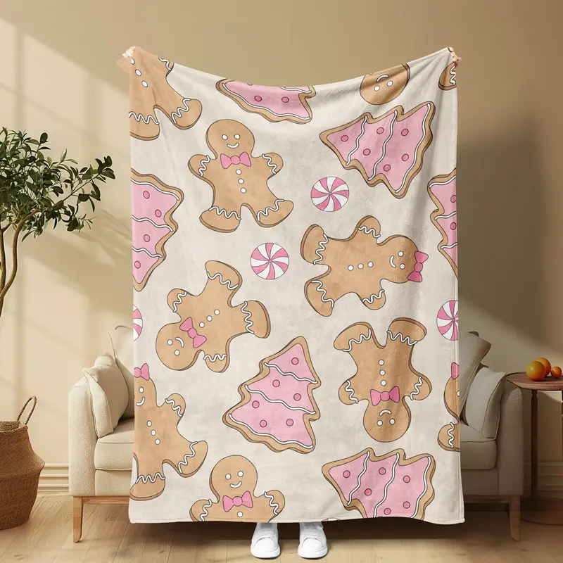 Christmas Themed Gingerbread Man Pattern Blanket, 1/2 Counts Soft Warm Throw Blanket, Air-conditioned Room Blanket, Warm Nap ...