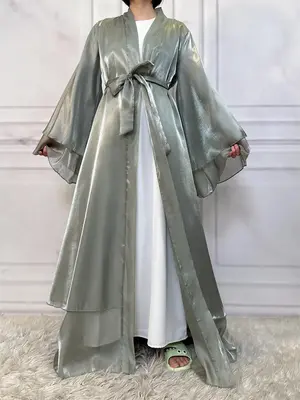 Women's Solid Satin Abaya without Inner Dress, Abayas for Women, Modest Long Sleeve Tie Front Abaya, Ladies Islamic Clothing ...