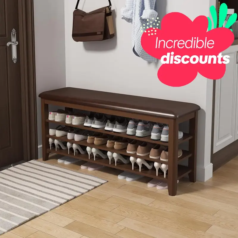 【Summer】Shoe Bench with Leather Cushion, 3 Tiers Shoe Storage Bench Height Adjustable, Walnut Wood Entryway Bench for Hal...