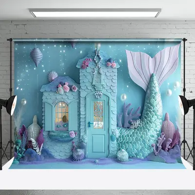 Undersea Blue Mermaid House Coral Cake Smash Backdrop