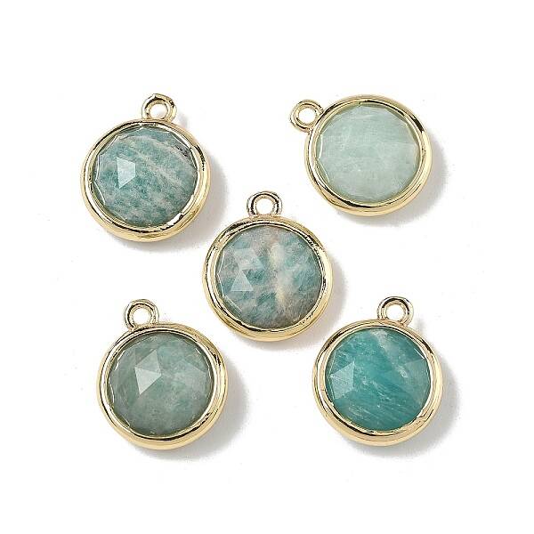 Brass Pave Natural Amazonite Faceted Flat Round Charms