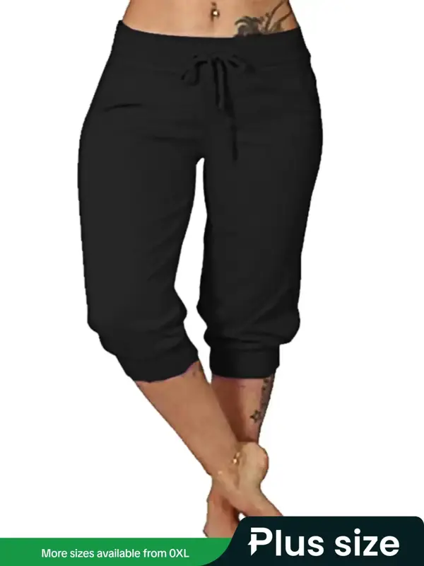 【Plus Size】 Solid Drawstring Waist Capri Pants, Casual Comfy Pocket Trousers for Daily Wear, Women's Bottoms for All Seas...