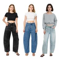 High Waisted Barrel Jeans for Women with Drawstring Boyfriend Fit Tapered Baggy Denim Streetwear Vintage Style