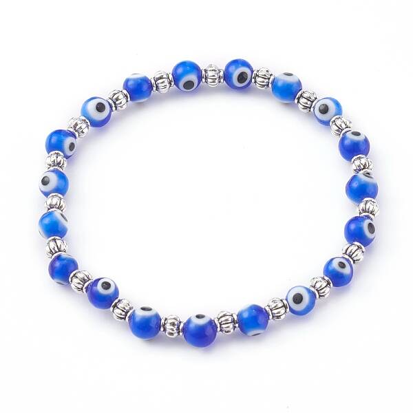 Handmade Round Evil Eye Lampwork Beaded Stretch Bracelets