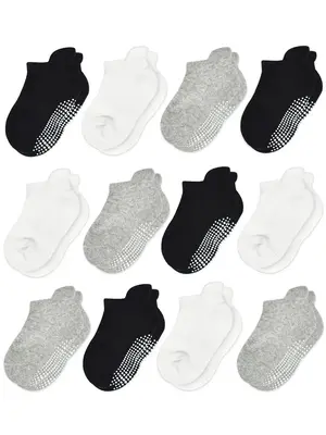 Toddler Boy's 12 Pairs Solid Ankle Socks, Non-slip Grip Socks for Daily Wear, Comfy Breathable Socks for All Seasons