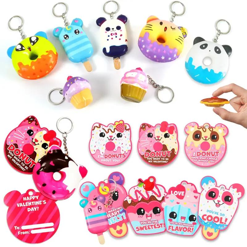 28Pcs Dessert Squishy Toys Keychains with Kids Valentines Cards For Classroom Exchange Gifts 2025 Valentine Exchange Cards / ...
