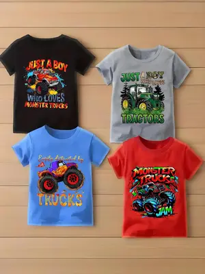 Toddler Boy's Cartoon Car & Letter Print Tee Print T-shirts, Casual Short Sleeve T-shirt, Summer Clothes for Kids Outdoor We...