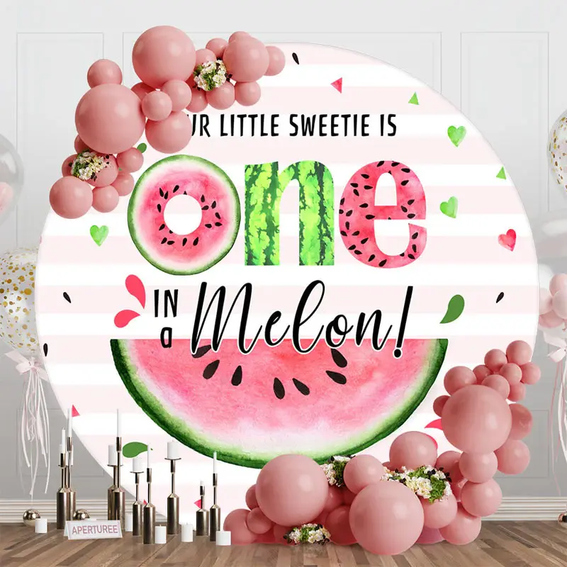 Pink Stripe One In A Melon Round Birthday Backdrop