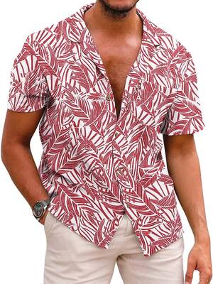 Hawaiian Floral Beach Shirts (US Only), Red-Palm Leaf / XL