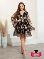 Vintage Plus Sequins Floral Embroidery V Neck Dress, Casual Elegant Long Sleeve Flounce Sleeve Party Dress, Womenswear Clothe...