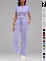 Women's Solid Round Neck Tee & Flare Leg Pants Loungewear, Casual Comfy Pyjama Set for Women, Women's Sleepwear for Summer, H...