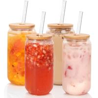 18oz Can Shaped Cups Drinking Glasses with Bamboo Lids and Glass Straw 4pcs Set - Beer Glasses, Iced Coffee Cute Tumbler Cup,...