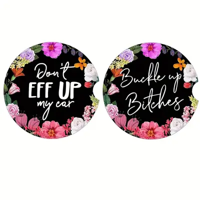 Round-shaped Floral & Letter Print Car Coasters, Car Cup Holder Pads, Fashion Car Interior Accessories for Women & Girls
