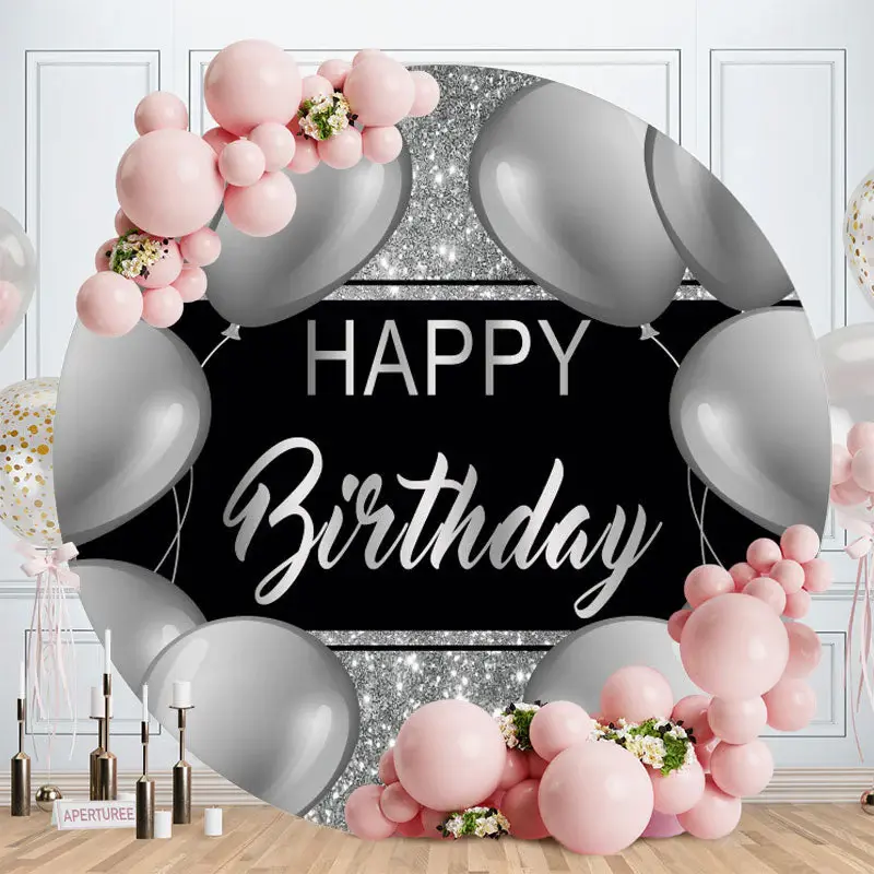 Aperturee Glitter Silver Balloon Happy Birthday Round Backdrop
