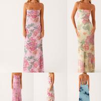 Women Long Dress, Floral Print Sleeveless Cami Dress, Summer Cross Tie-Up Backless Fashion Spaghetti Strap Dress, Elegant Bod...