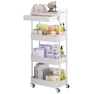 UDEAR 4 -Tier Rolling Utility Cart with Drawer,with Metal Wheels, Adjustable Movable Storage Cart for Kitchen,Bathroom,Living...