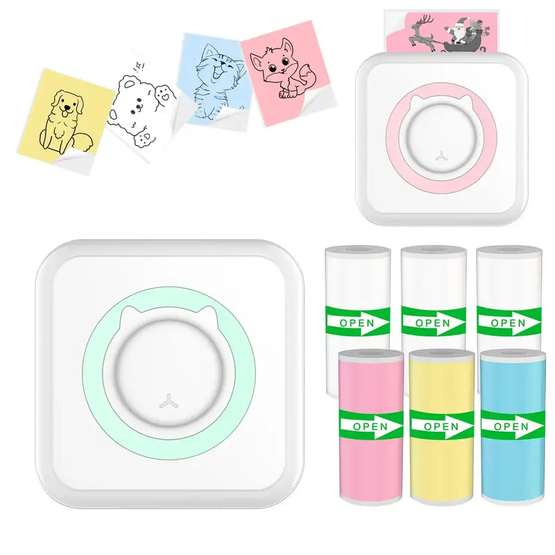 Portable Mini Printer, 1 Set Portable Wireless Photo Printer with 6 Rolls Paper, USB Rechargeable Label Printer for Home Offi...