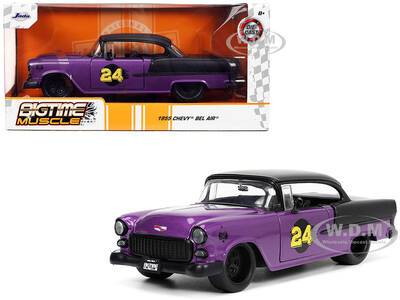 1955 Chevrolet Bel Air #24 Purple Metallic and Matt Black Bigtime Muscle Series 1/24 Diecast Model Car by Jada