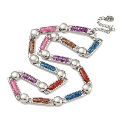 304 Stainless Steel Enamel Rectangle Link Chain Necklaces with Glitter Powder