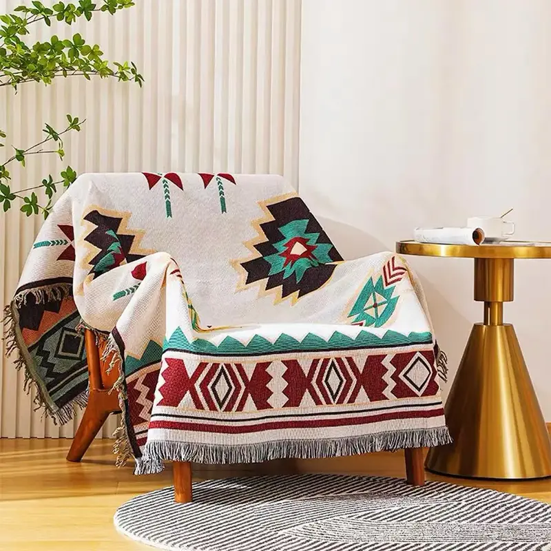 Vintage Geometric Print Tassel Throw Blanket, 1 Count Rectangle Warm Keeping Air-conditioning Quilt, Multifunction Blanket fo...