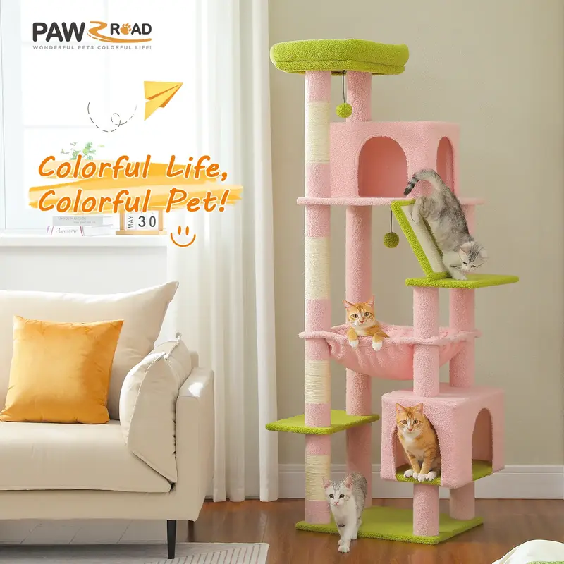 PAWZ Road 71-Inch Cat Tree for Large Cats with Metal Plush Big Hammock Cat Tower Scratching Posts and Large Top Perch