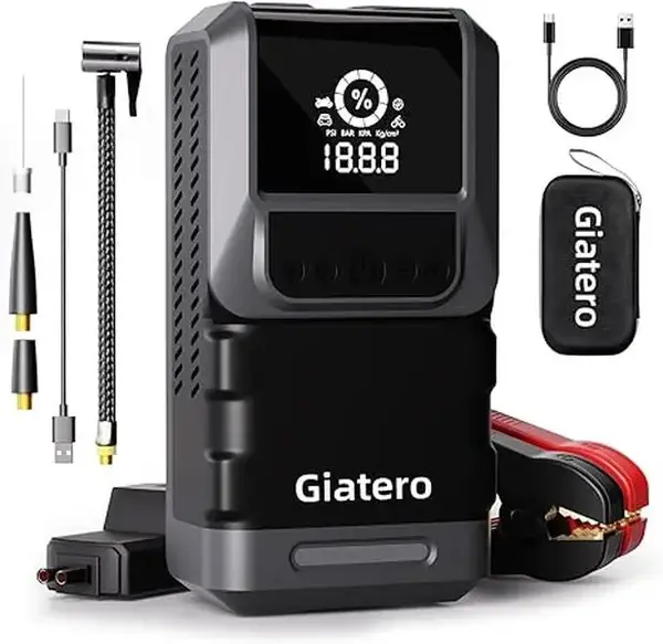 Giatero Q13 4000A Portable Car Jump Starter(10.0L Gas/8.0L Diesel) with Air Compressor 150PSI, 3 Flashlight Modes LCD Display...